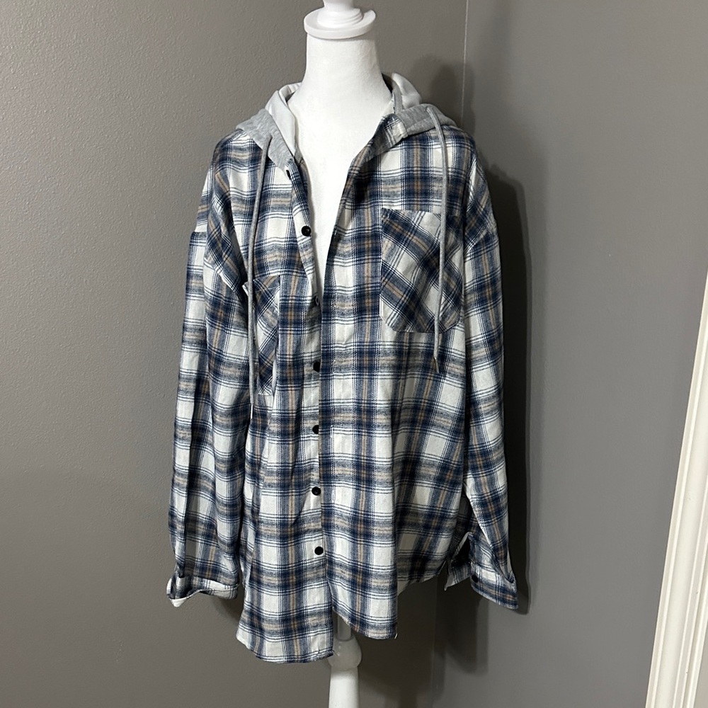 Men's Plaid Button Down Shirt with Hood - Blue and Gray